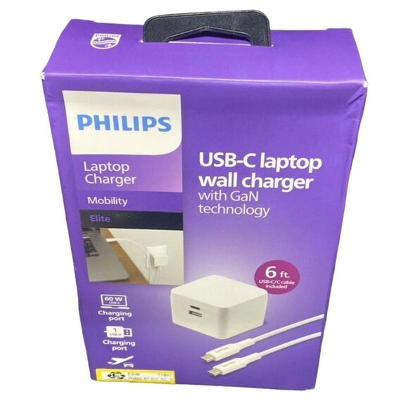 Philips 60W GaN USB-C Laptop Charger Fast Charging Compact Foldable Adapter - Picture 1 of 6